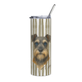 A tall, skinny insulated tumbler with a clear lid and metal straw, decorated with schnauzer dog watercolor with the word lover below on a  a repeating Art Deco style pattern featuring green, blue, and beige elements.