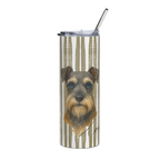 A tall, skinny insulated tumbler with a clear lid and metal straw, decorated with schnauzer dog watercolor with the word lover below on a  a repeating Art Deco style pattern featuring green, blue, and beige elements.
