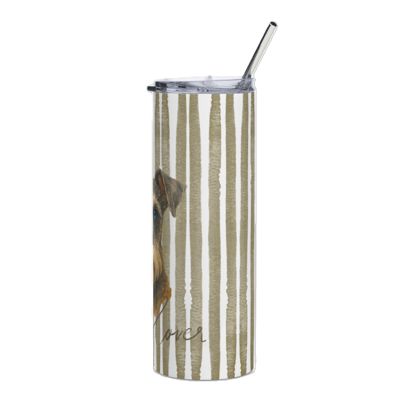 A tall, clear insulated tumbler with a clear lid and metal straw, featuring a vertical beige and white stripe pattern and part of a dog illustration on the side.