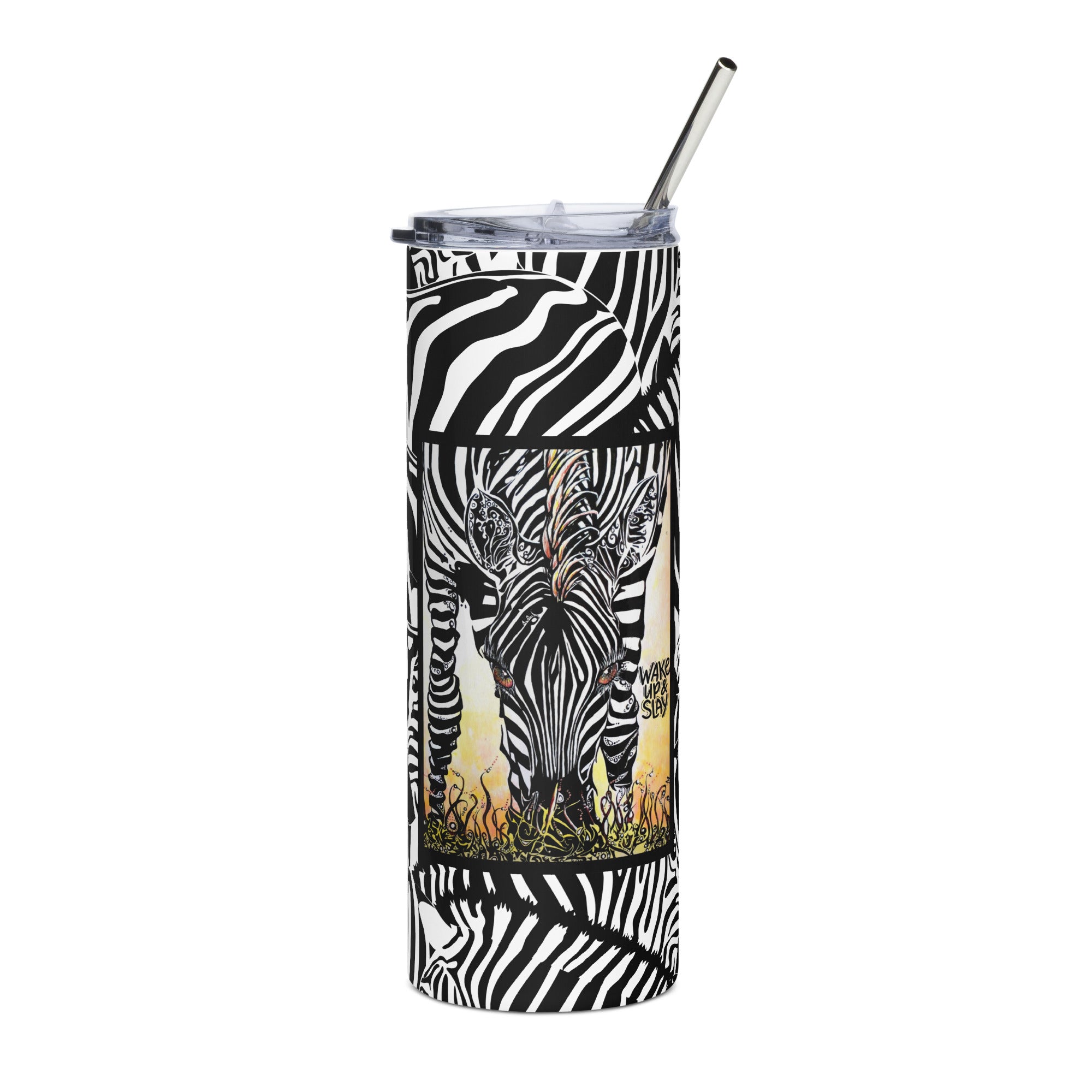 Wake Up & Slay| Zebra | Safari Wildlife Art | 20oz. Steel Tumbler with positive quote