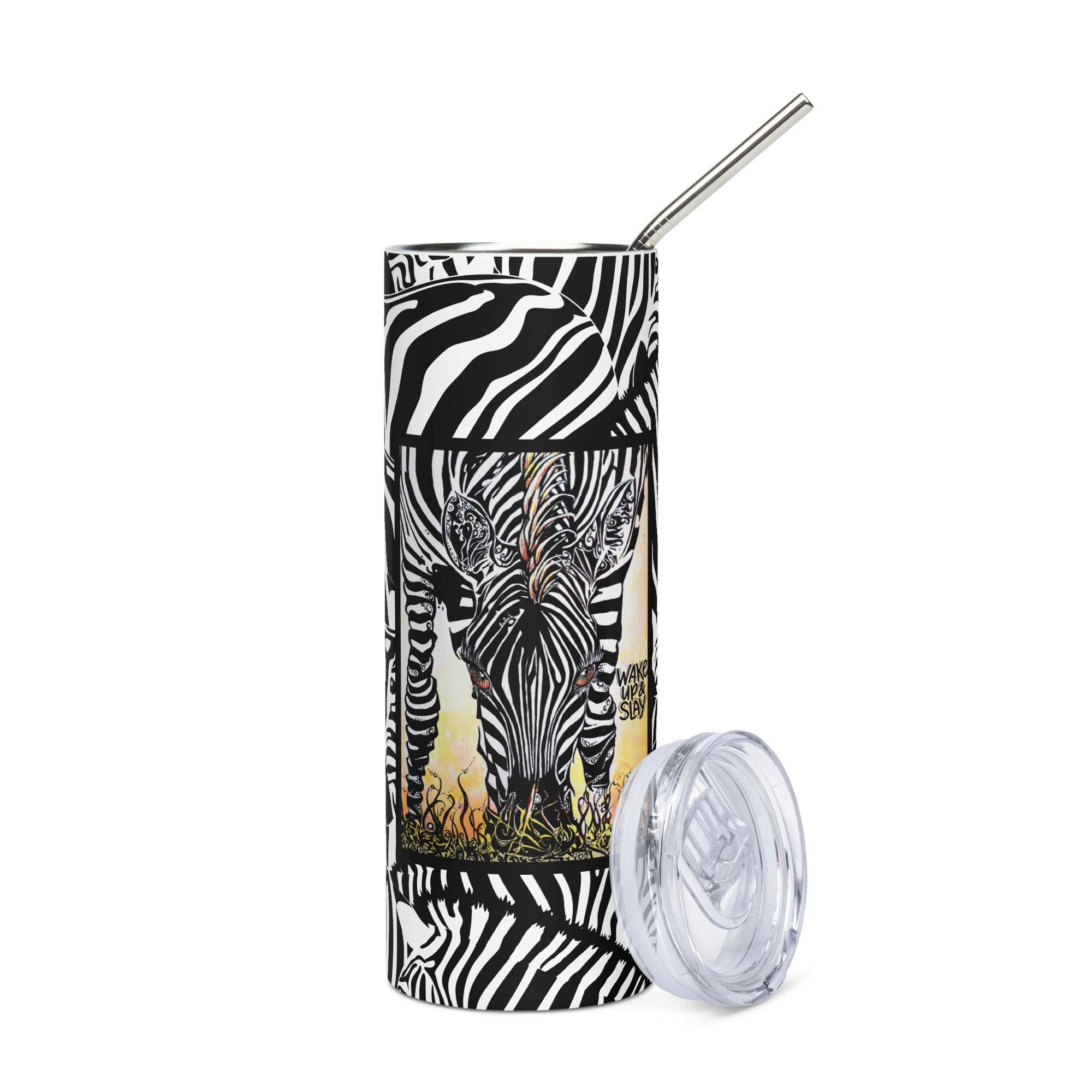 Wake Up & Slay| Zebra | Safari Wildlife Art | 20oz. Steel Tumbler with positive quote