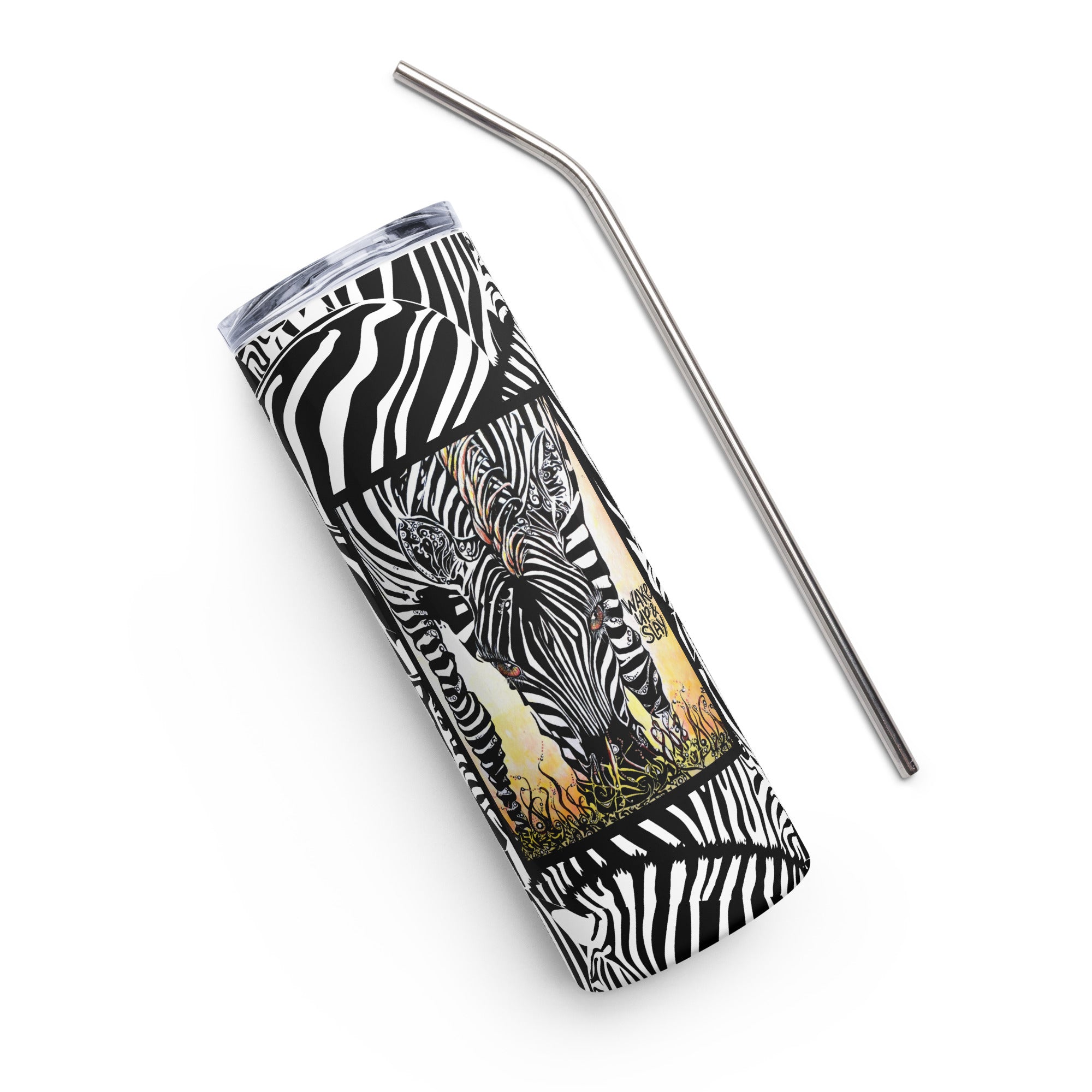 Wake Up & Slay| Zebra | Safari Wildlife Art | 20oz. Steel Tumbler with positive quote